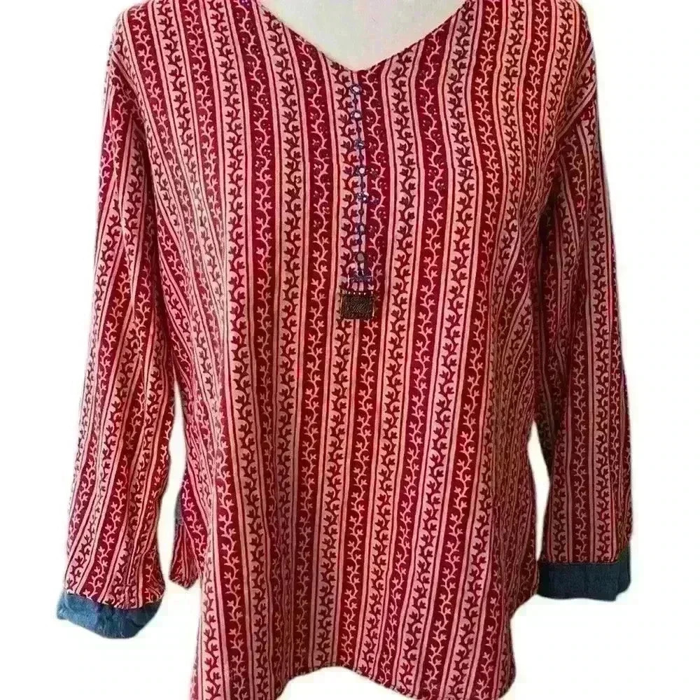 Anna Creation Red and White Boho Blouse Size Large